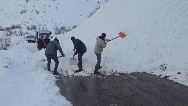 Yola düşen çığı vatandaşlar küreklerle kaldırdı