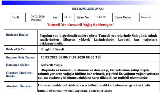 Tunceli için kuvvetli kar yağışı uyarısı