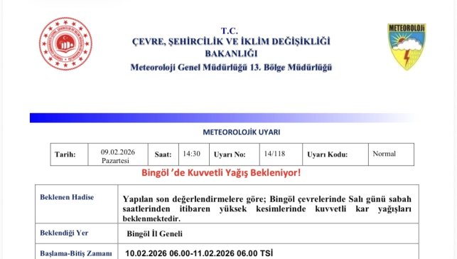 Meteorolojiden Bingöl için kuvvetli yağış uyarısı
