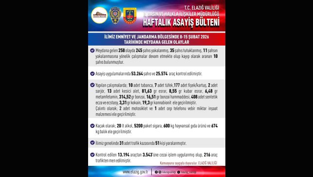 Elazığ'da asayiş uygulamaları: 258 olayda 245 şahıs yakalandı