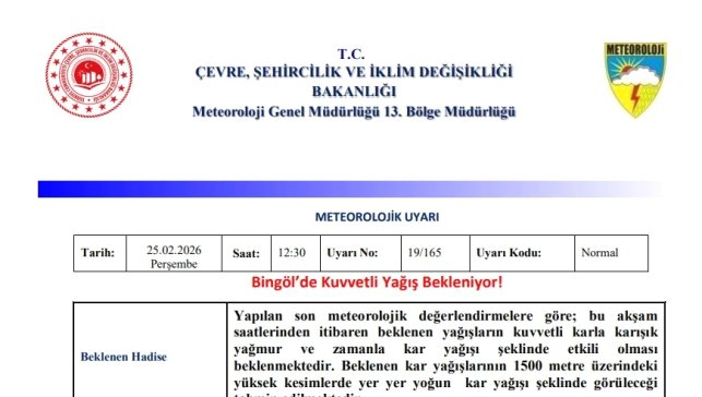 Bingöl için 'Kuvvetli Yağış' uyarısı