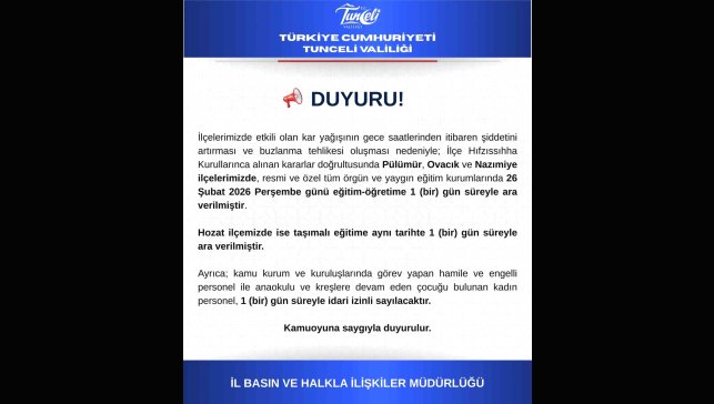 Tunceli'nin 3 ilçesinde eğitime 1 gün ara verildi