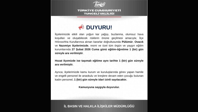 Tunceli'nin 3 ilçesinde eğitime bir gün ara