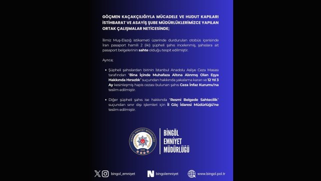 Bingöl'de sahte pasaportlu 2 şüpheli yakalandı