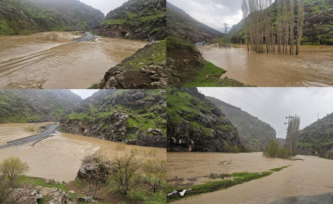 Sağanak sonrası taşan dere Şemdinli-Derecik kara yolunu kapattı