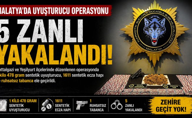 Malatya'da Uyuşturucu Operasyonu: 5 Şüpheli Yakalandı, 1 Kilo 478 Gram Sentetik Uyuşturucu Ele Geçirildi