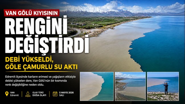 Yağışlar sonrası Van Gölü'nün bir kısmı kahverengiye döndü