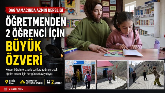 Bitlis'te Kevser Hilal Gökçe iki öğrencisi için soba yakıp ders anlatıyor