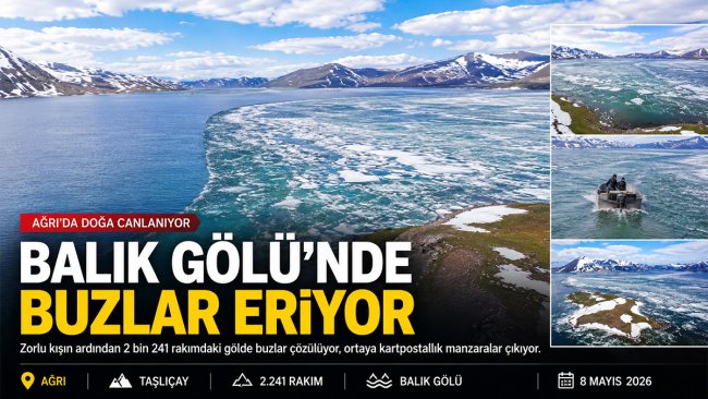 Ağrı'da mayıs ayında kış ve bahar bir arada: Balık Gölü'nde buzlar çözülüyor