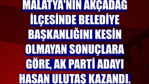 Malatya'nın Akçadağ ilçesinde belediye başkanlığını kesin olmayan sonuçlara göre, AK Parti adayı Hasan Ulutaş kazandı.