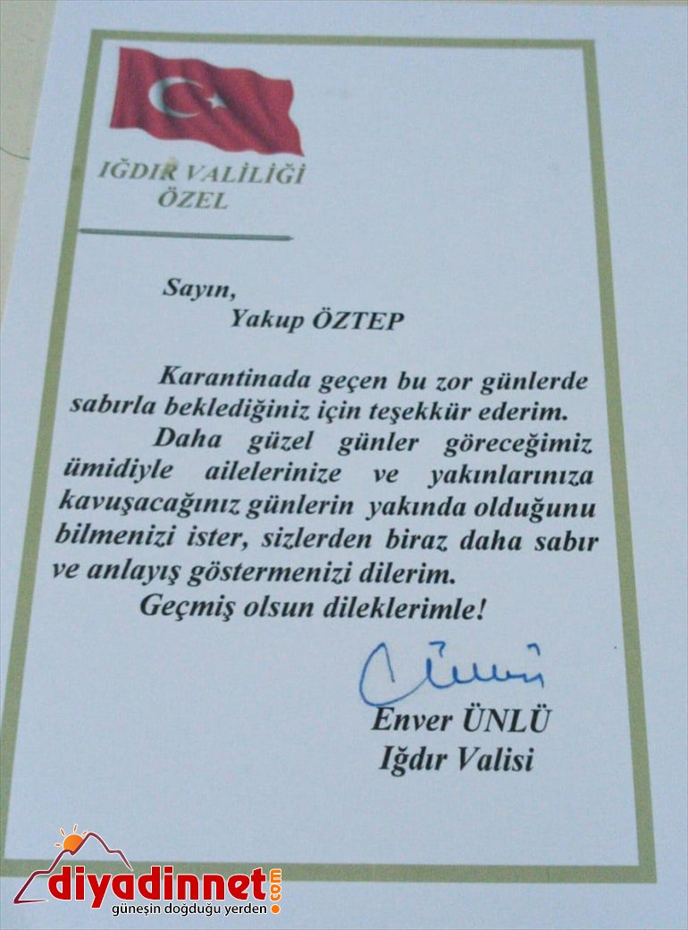 Iğdır Valisi Ünlü karantinada bekleyenlere sabrettikleri için "Teşekkür Belgesi" verdi