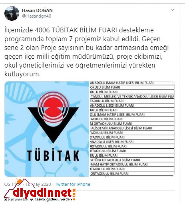 Diyadin'de 7 okulun projesi TÜBİTAK tarafından kabul edildi