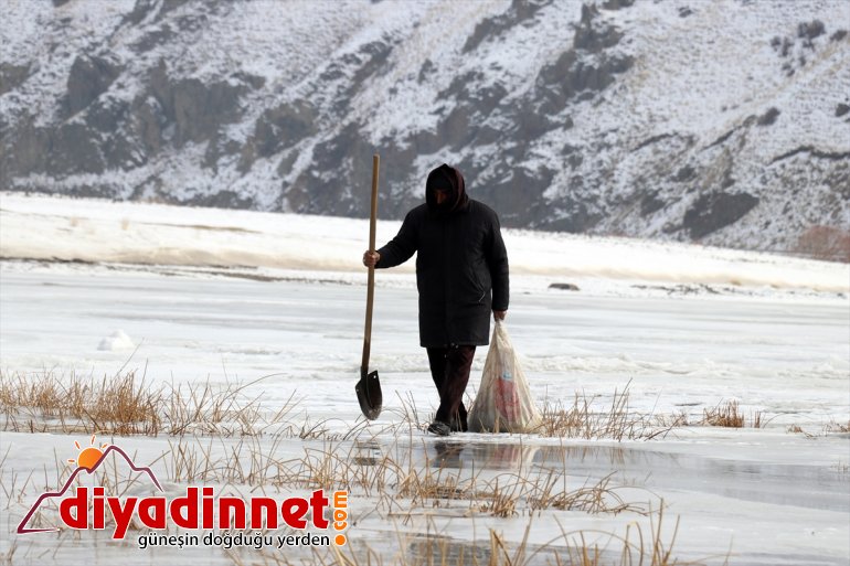 buzla kaplı AĞRI - ekmeklerini balıkçıları çıkarıyor Denizsiz nehirden kentin 7