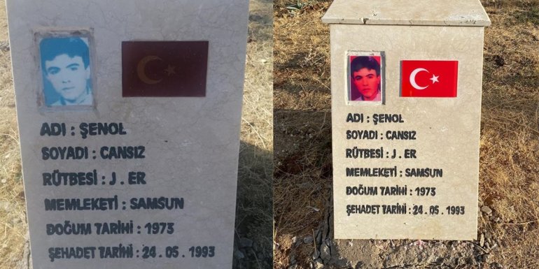 Bingöl'de şehit 33 askerin temsili mezar taşındaki fotoğrafı ve Türk bayrağı yenilendi