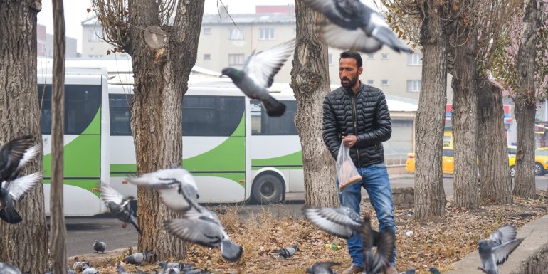KARS - Beyaza bürünen kentte aç kalan güvercinler unutulmadı1