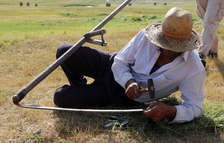 Tırpanla ot biçen çiftçiler, zorlu işlerini şarkılarla eğlenceye dönüştürüyor16