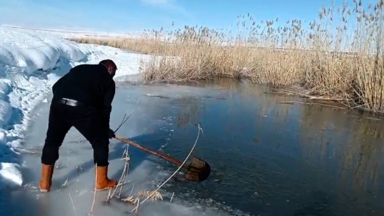 Yüzeyi donmuş nehirde buzu kırıp balık avlıyorlar3