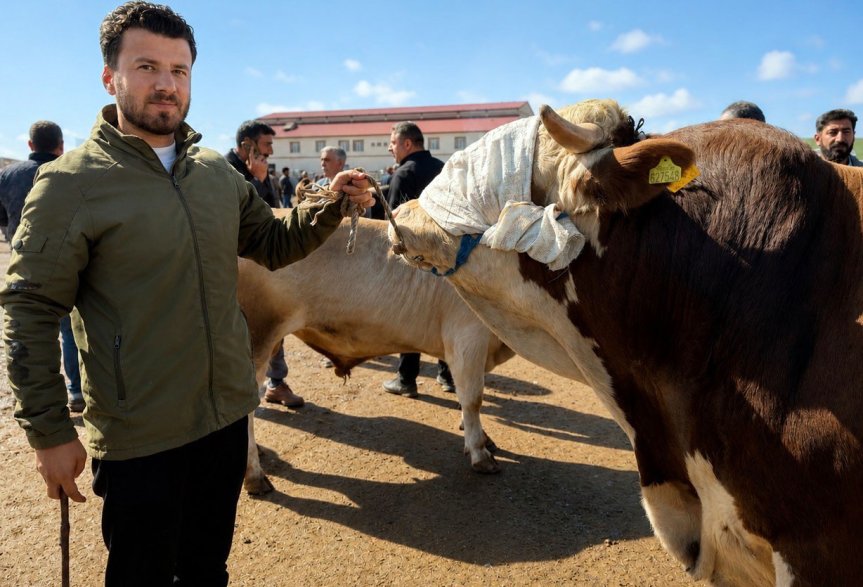 Ağrı Hayvan Borsası'nda 1 ton ağırlığındaki Barbaros isimli kurbanlık boğa sahibiyle birlikte görüntülendi