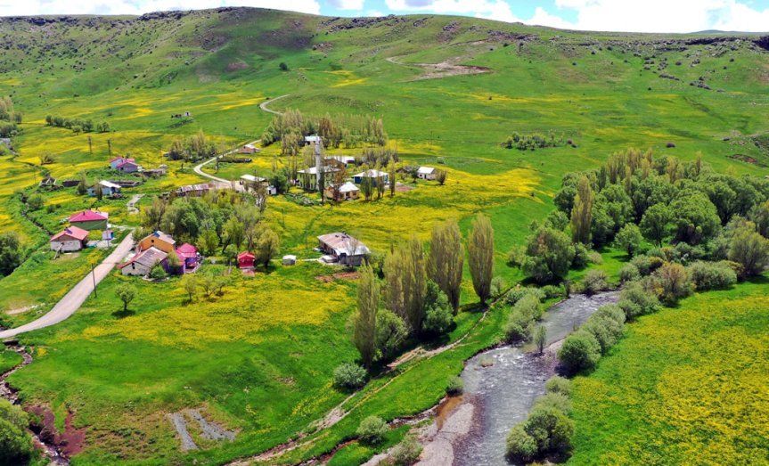 Ağrı'da bahar renkleriyle sararan köy, dere ve geniş yeşil meralar