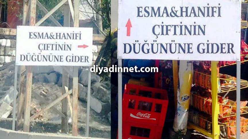 Esma ve Hanifi çiftinin düğününü gösteren yön tabelaları