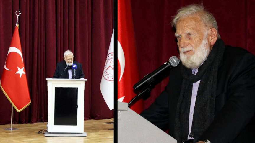 Prof. Dr. Sadettin Ökten, Ağrı'da düşünce ve medeniyet konulu bilgi şöleninde kürsüde konuşuyor