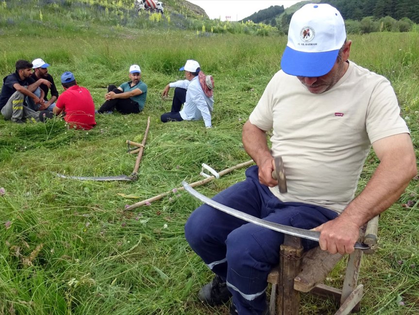 Çiftçi, ot biçimine devam etmeden önce tırpan bıçağının keskinliğini çekiç yardımıyla yeniliyor.