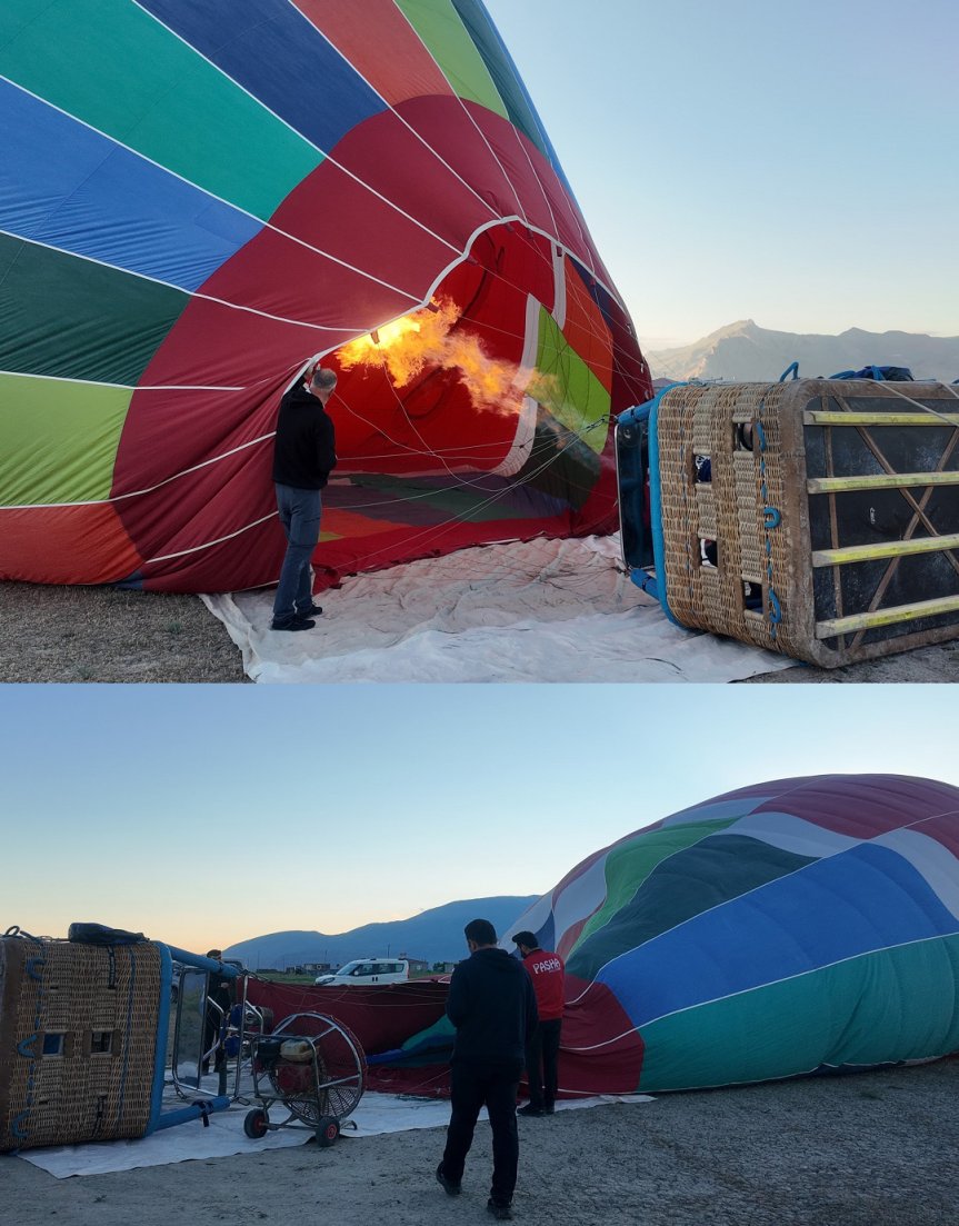 Ağrı Dağı eteklerinde sıcak hava balonu, test uçuşu öncesi ekipler tarafından hazırlandı.