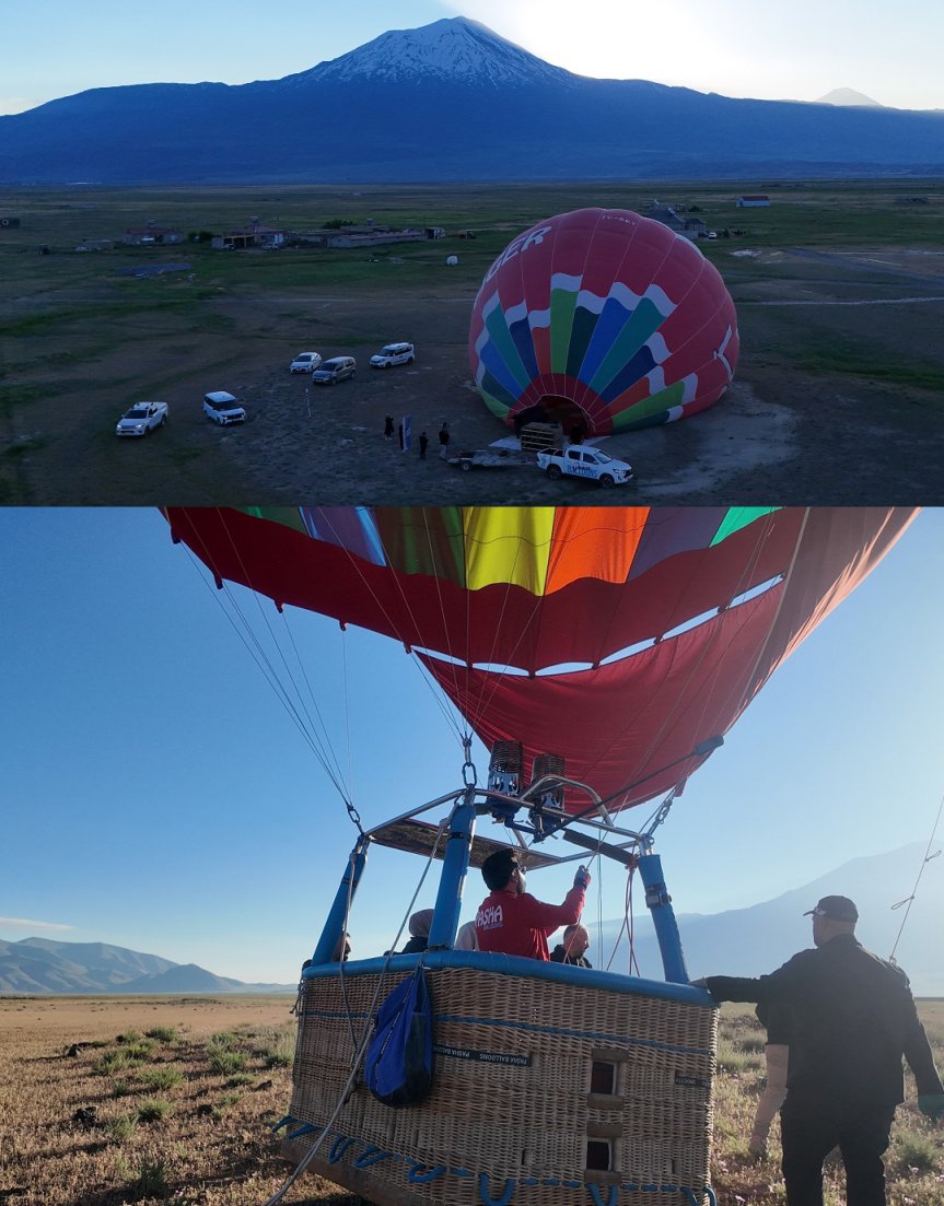 Doğubayazıt semalarında sıcak hava balonu test uçuşu, Ağrı Dağı manzarasıyla gerçekleştirildi.