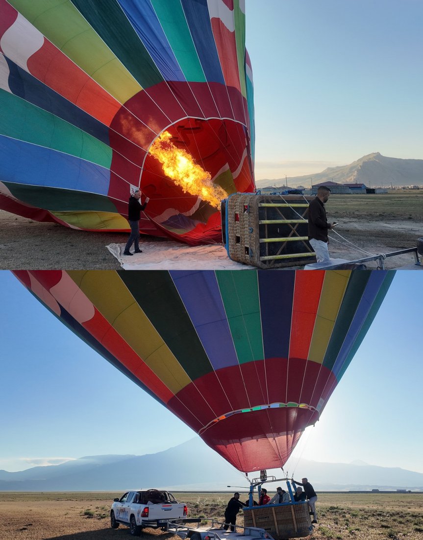 Sıcak hava balonu, Ağrı Dağı eteklerinde yapılan test uçuşu için kalkışa hazırlandı.