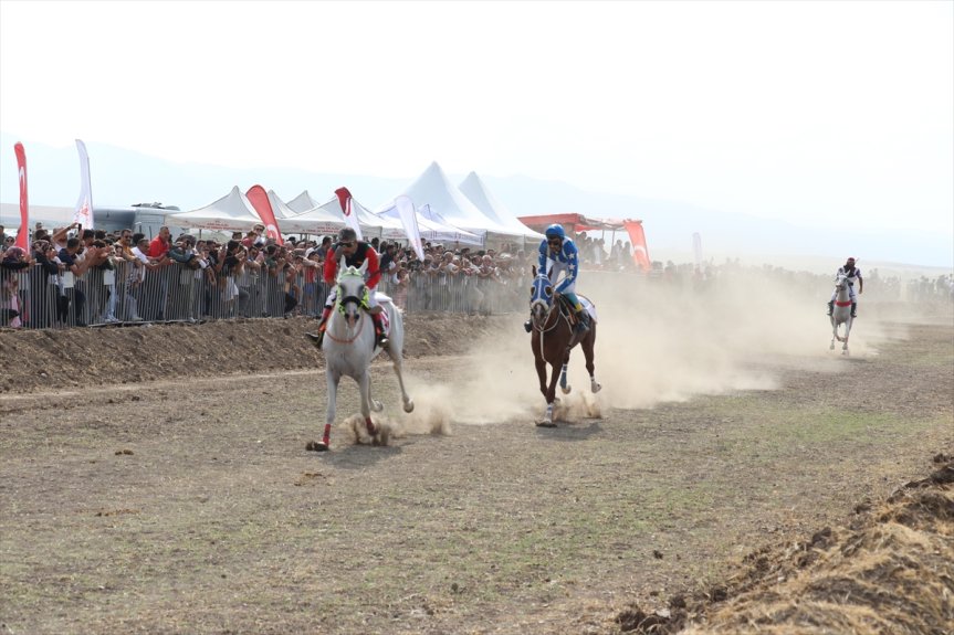 Mahalli At Yarışları'nda biniciler finişe ulaşmak için tozlu parkurda büyük mücadele verdi.